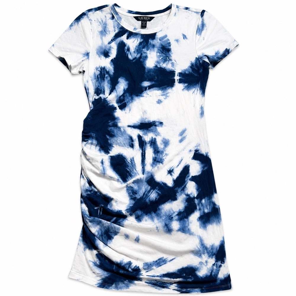 Lauren‎ Ralph Lauren Tie Dye Ruched T-Shirt Mini Dress Blue White XS Beach